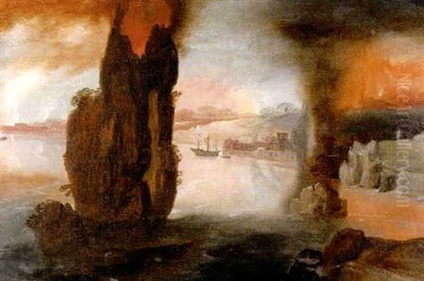 Flusslandschaft Mit Felsen - Im Hintergrund Eine Feuersbrunst Oil Painting by Gillis Mostaert the Elder