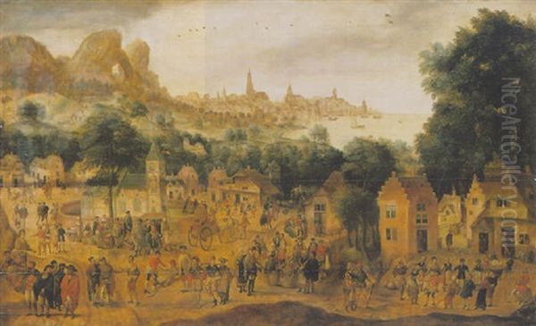 A Village Kermesse With A View Of A Distant City Beside The Sea Beyond Oil Painting by Gillis Mostaert the Elder