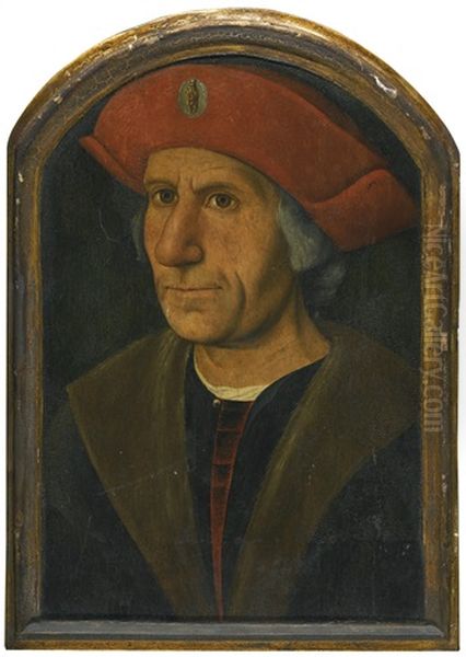 Portrait Of A Gentleman, Bust-length, Wearing A Fur-trimmed Coat And A Red Hat Oil Painting by Jan Mostaert