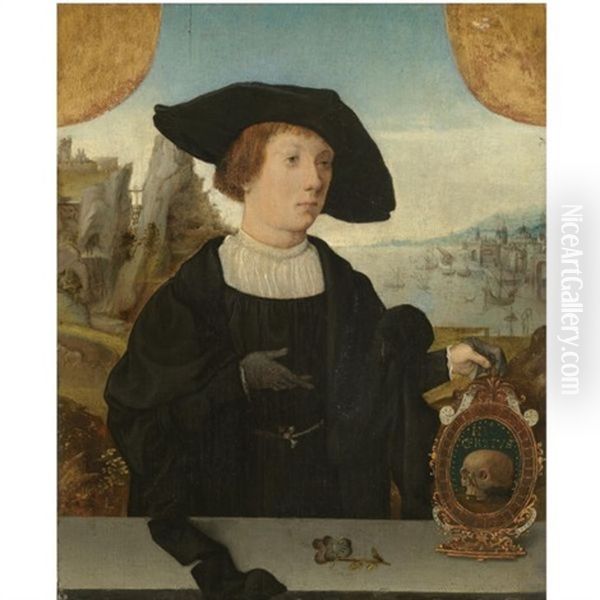 Portrait Of A Young Man, Behind A Ledge, With A Landscape Beyond, In A Black Hat, Holding A Memento Mori Oil Painting by Jan Mostaert