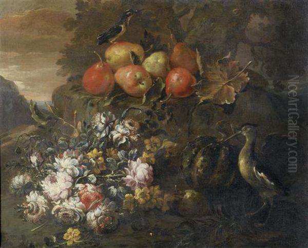 Still LifeWith Flowers And Fruit In A Landscape With Birds. Oil Painting by Felice Fortunato Biggi Dei Fiori