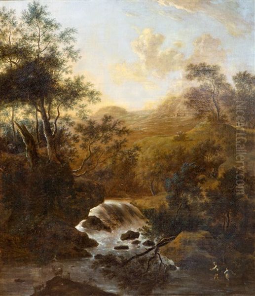 An Italianate Landscape With Fishers Near A Waterfall Oil Painting by Frederick De Moucheron