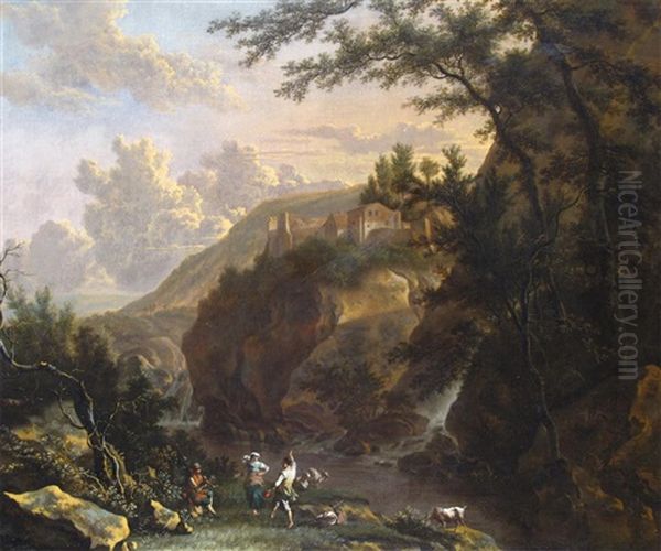 An Italianate Landscape With Figures Making Merry By A River At Dusk Oil Painting by Frederick De Moucheron