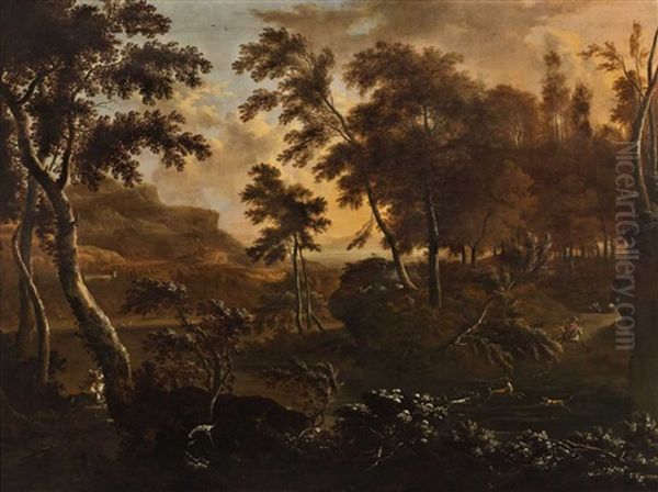 A Southern Landscape With Hunting Scenes Oil Painting by Frederick De Moucheron