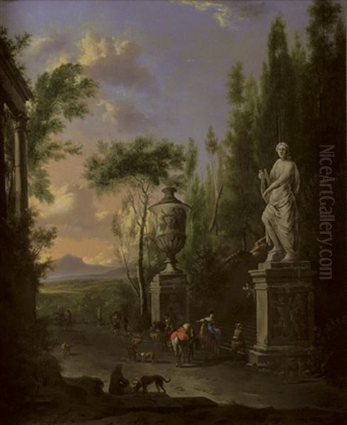 A Hawking Party At The Foot Of An Ornamental Staircase, With A Mountainous Landscape Beyond (collab. W/adriaen Van De Velde) Oil Painting by Frederick De Moucheron