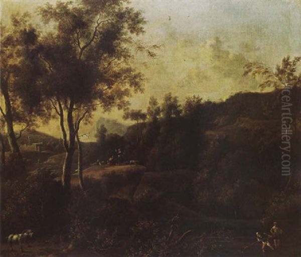 A Southern Wooded Landscape With Fishermen In A Stream And Shepherds With Their Head In The Background Oil Painting by Frederick De Moucheron