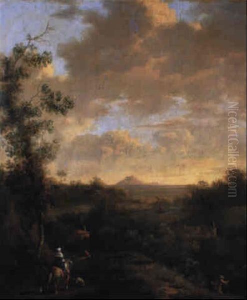 Hugelige Landschaft Mit Reiter, Am Flus Angler Oil Painting by Frederick De Moucheron