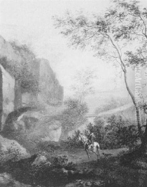 A Horseman On A Path In A Mountainous Landscape Oil Painting by Frederick De Moucheron