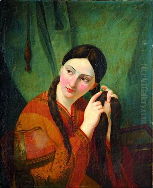 Jeune Femme Tressant Sa Natte Oil Painting by Jean-Pierre Moynet