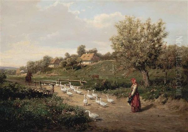 Droving Geese Across A Bridge Oil Painting by Alexander Mroczkowski