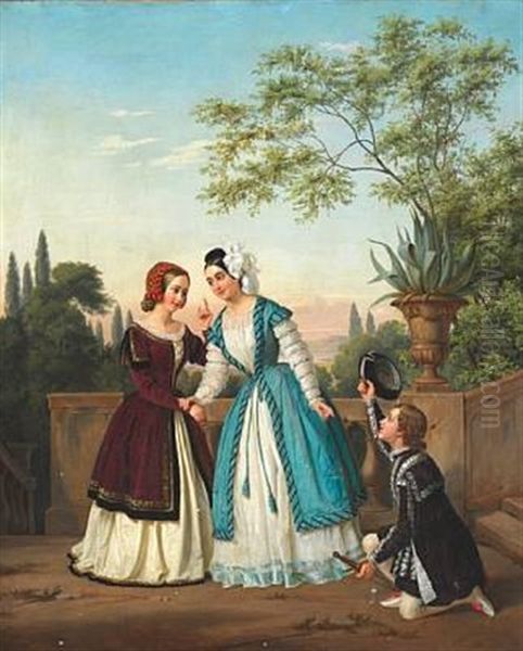 A Gallant Young Man Greets Two Well-dressed Young Ladies Oil Painting by Albinia Schaffalitzky de Muckadell