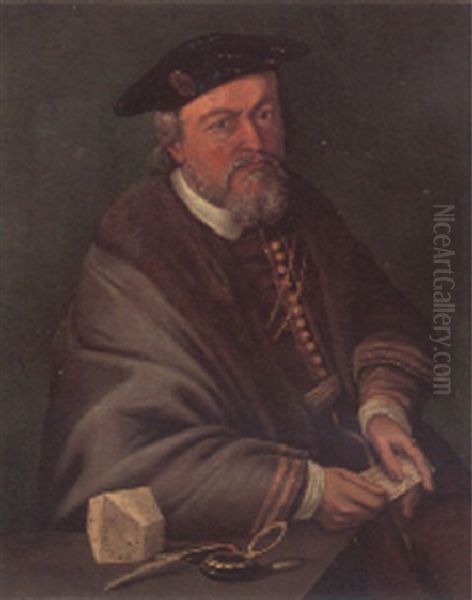 Portrait Of A Gentleman, Seated Half Length, Holding A Letter Oil Painting by Hans Mueelich