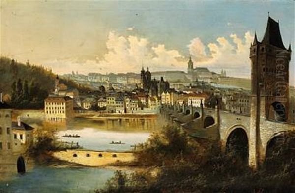View Of Prague With The Charles Bridge Crossing The Vltava River (moldau) Oil Painting by Adam August Mueller