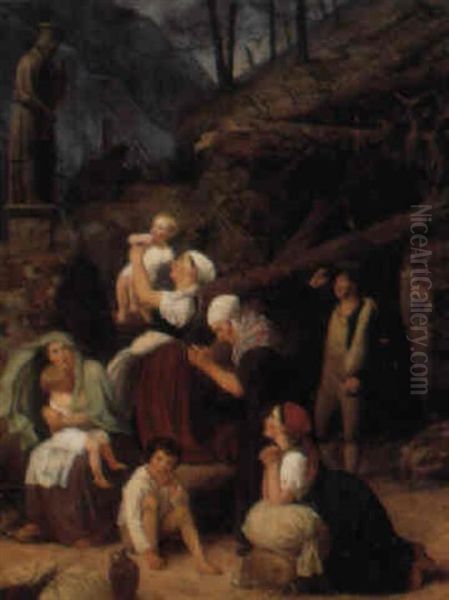 B+hmiske Landfolk, Som Efter Et +del+ggendeuveujr, Ere Forsamlede Ved. . . Oil Painting by Adam August Mueller