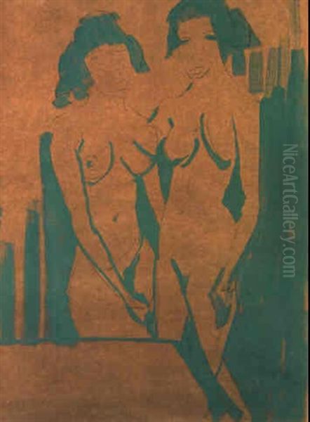 Zwei Stehende Weibliche Akt Oil Painting by Otto Mueller