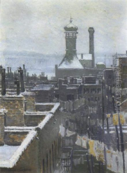 Rooftops In Winter Oil Painting by George F. Muendel
