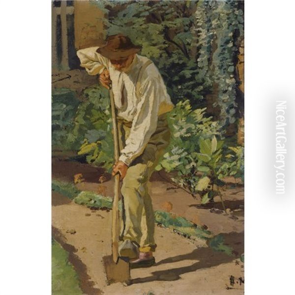 At Work In The Garden Oil Painting by Albert Ernst Muehlig