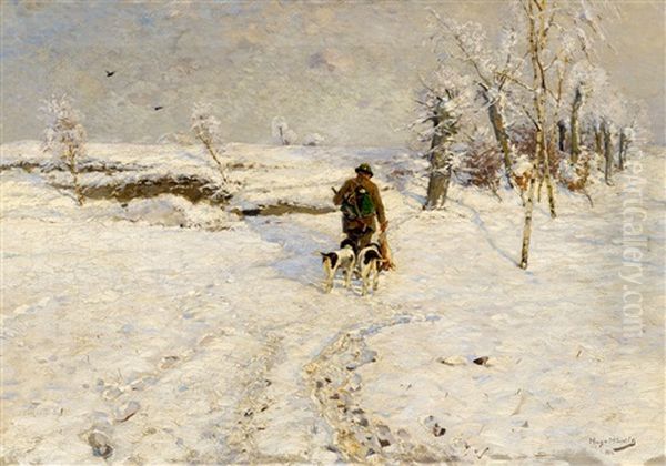 Winter Landscape With Hunters And Dogs Oil Painting by Hugo Muehlig