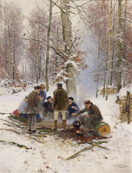 Holzfaller Am Feuer Oil Painting by Hugo Muehlig