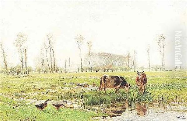 Weidelandschaft Mit Enten Und Kuhen Oil Painting by Hugo Muehlig