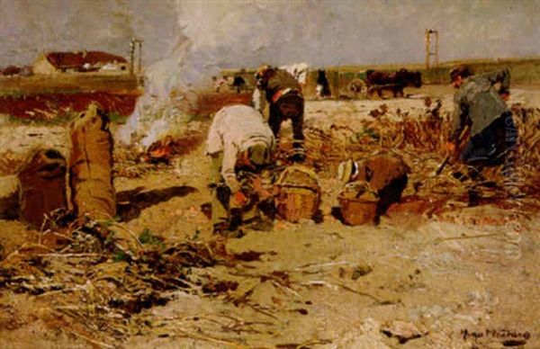 Workers In A Field Oil Painting by Hugo Muehlig