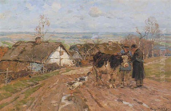 Bauern Auf Einer Dorfstrase Oil Painting by Hugo Muehlig