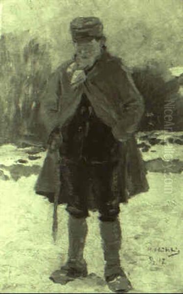 Stehender Schafhirte In Winterlicher Landschaft Oil Painting by Hugo Muehlig