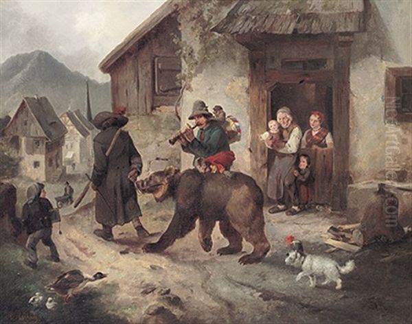 Barenfuhrer Und Musizierender Affengaukler Ziehen Mit Ihren Tieren Durch Ein Dorf. Eine Bauersfamilie Beobachtet Die Szene Oil Painting by Meno Muehlig