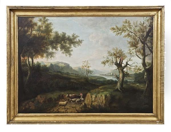 A Pastoral Wooded River Landscape With A Drover And Farm Animals In The Foreground, A Fortified Village In The Distance Oil Painting by Jeremiah Hodges Mulcahy