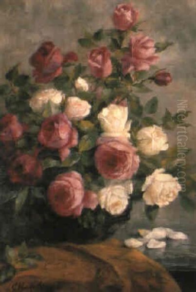 Roses In A Vase On A Ledge Oil Painting by Camille van Mulders