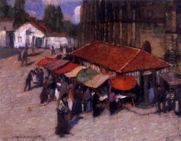 Market At Moret, France Oil Painting by Frederick J. Mulhaupt