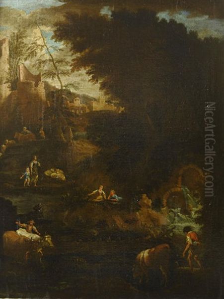 A Pastoral Landscape With Shepherds And A Cowherd Beside A Waterfall... (+ A Pastoral Landscape With A Shepherdess Resting With Her Livestock...; Pair) Oil Painting by Pieter Mulier the Elder
