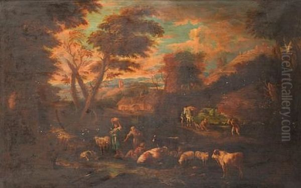 A Pastoral Landscape With A Shepherdess And Goatherd With Their Livestock In The Foreground, Other Peasants Loading A Horse With A Cottage And Tower Beyond Oil Painting by Pieter Mulier the Elder