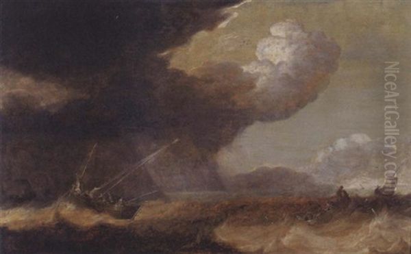 Ships Tossed On A Stormy Sea Oil Painting by Pieter Mulier the Elder