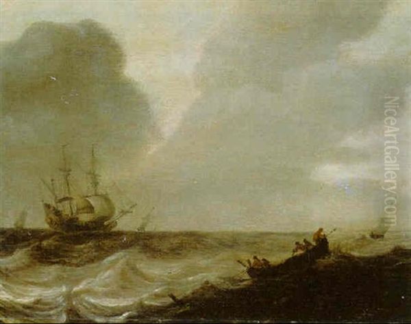 A Rowing Boat In Choppy Waters, A Warship Beyond Oil Painting by Pieter Mulier the Elder