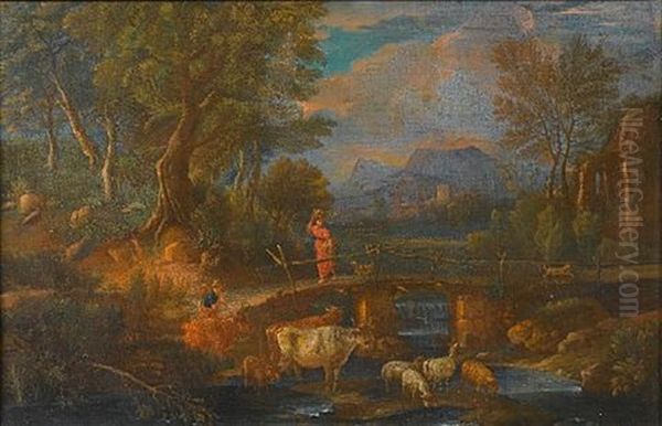 An Italianate Landscape With A Young Woman Crossing A Bridge And A Drover Watering His Cattle And Sheep At A Stream Oil Painting by Pieter Mulier the Younger