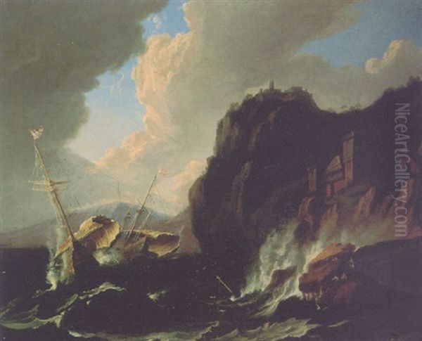 Men O'war In Stormy Waters Off A Rocky Coastline Oil Painting by Pieter Mulier the Younger