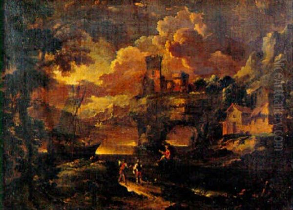Paesaggio Fluviale Con Un Arco Naturale, Un Casamento Turrito E Una Massaria, Con Una Lancia E Tre Astanti Oil Painting by Pieter Mulier the Younger