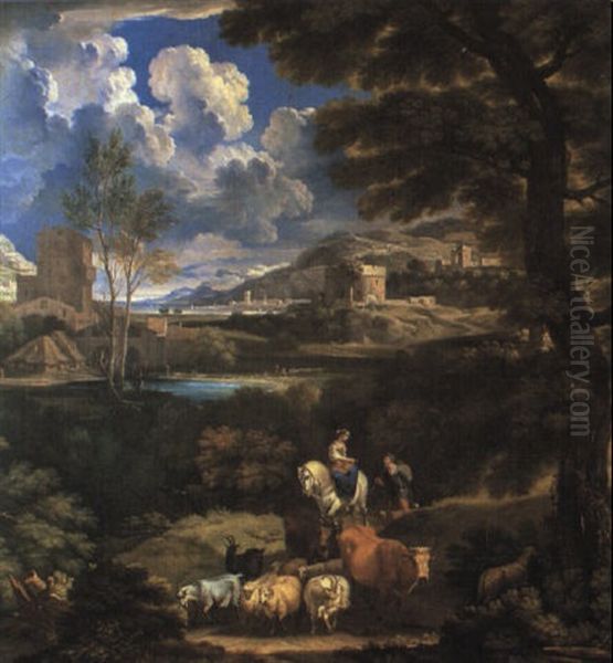 Paesaggio Con Donna A Cavallo, Pastore E Armento Oil Painting by Pieter Mulier the Younger