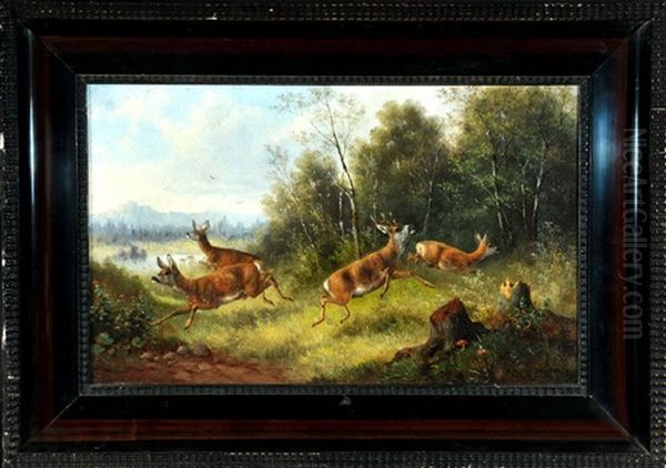Aufgeschreckte Rehe Auf Waldlichtung Oil Painting by Moritz Mueller the Elder