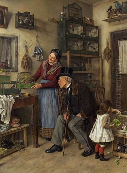 Bei Der Vogelhandlerin Oil Painting by Anton Mueller