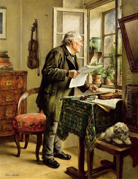 Der Zeitungsleser Oil Painting by Anton Mueller