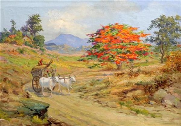 Bullock Cart On A Lane Oil Painting by Archibald Herman Muller