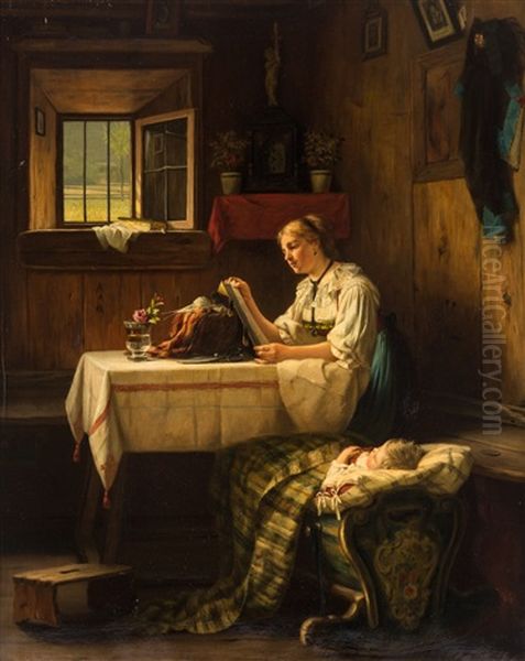 Reading By The Cradle Oil Painting by August Mueller