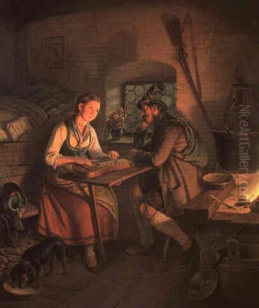 Abendliche Mussestunde: Jager Am Tisch Gegenuber Einem      Oberbayerischen, Zitherspielenden Madchen Oil Painting by Carl Friedrich Moritz Mueller