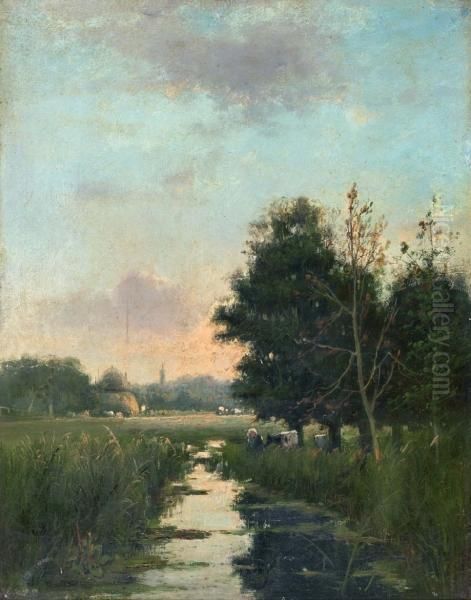 Landschap Met Koeien Aan Een Sloot Oil Painting by Albertus Gerardus Bilders