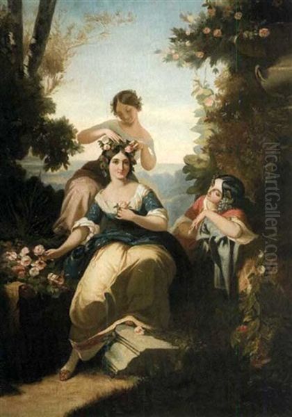 Jeunes Femmes Dans Un Parc Fleuri Oil Painting by Charles Louis Lucien Mueller