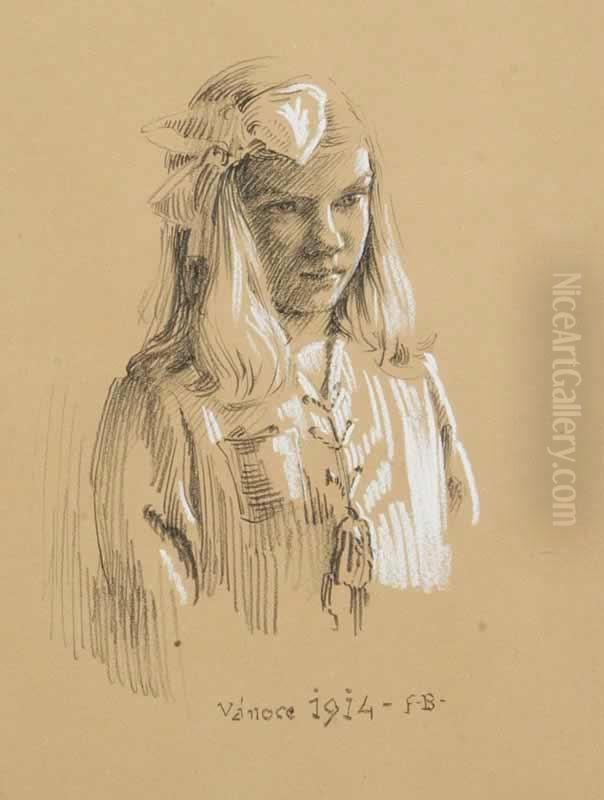 A Portrait Of A Girl Oil Painting by Frantisek Bilek