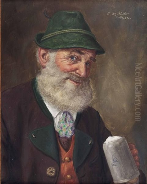 Bildnis Eines Bartigen Bayern Mit Bierkrug Oil Painting by Fritz Mueller