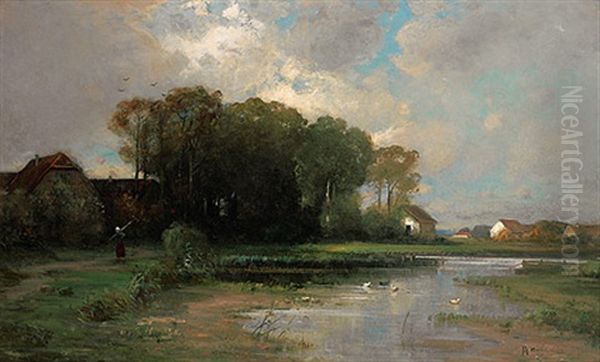 Dunstiger Sommermorgen Mit Ententeich Und Versteckten Gehoften Oil Painting by Peter Paul Mueller